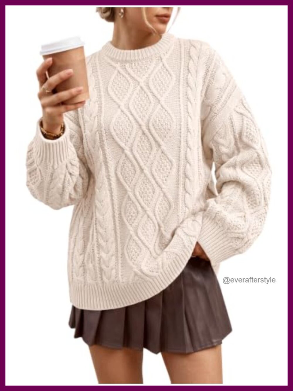 Women Oversized Cable Knit Sweater Cotton Acrylic Pullover